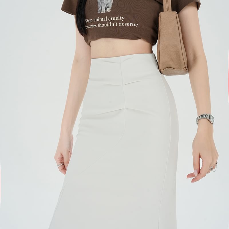 Midi Skirt Waist Fishtail Ruched High Plain