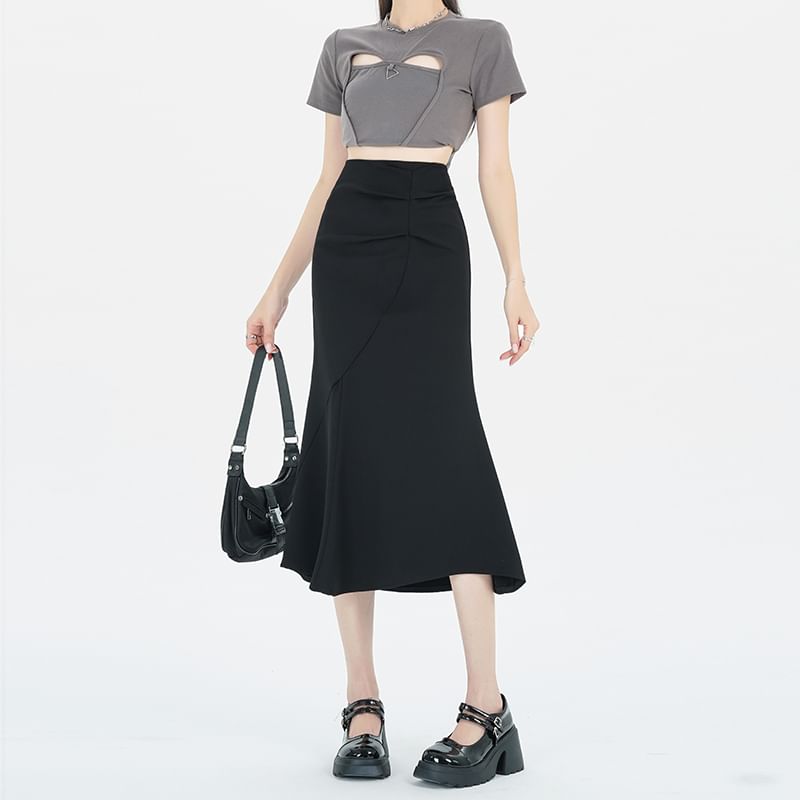 Midi Skirt Waist Fishtail Ruched High Plain