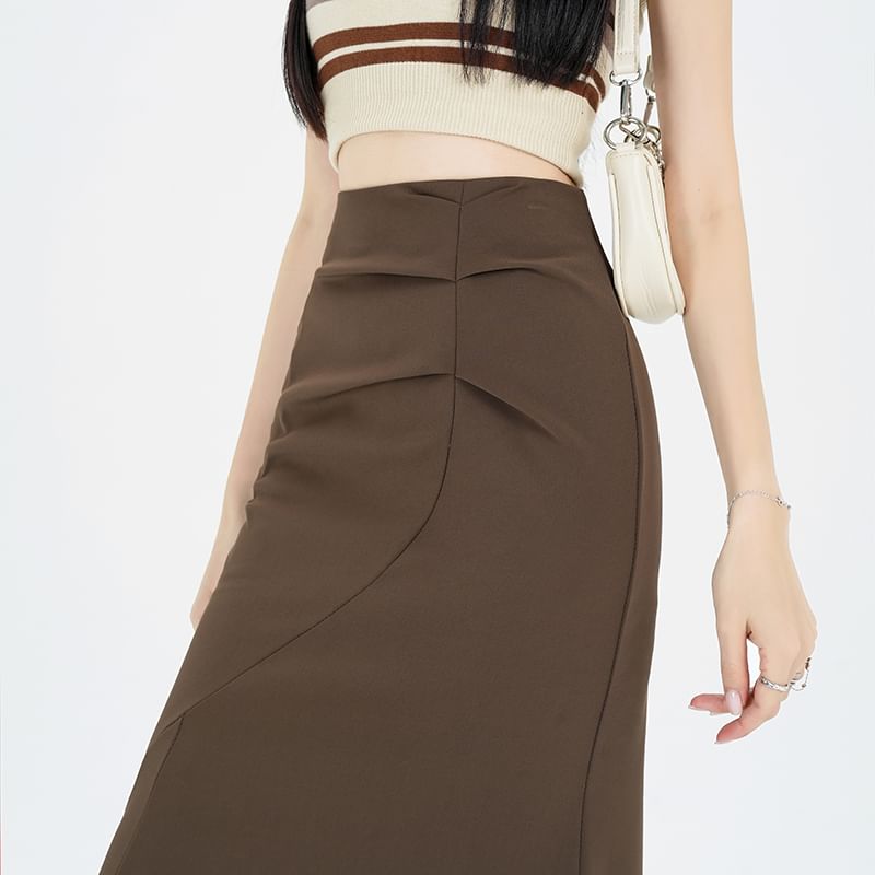Midi Skirt Waist Fishtail Ruched High Plain