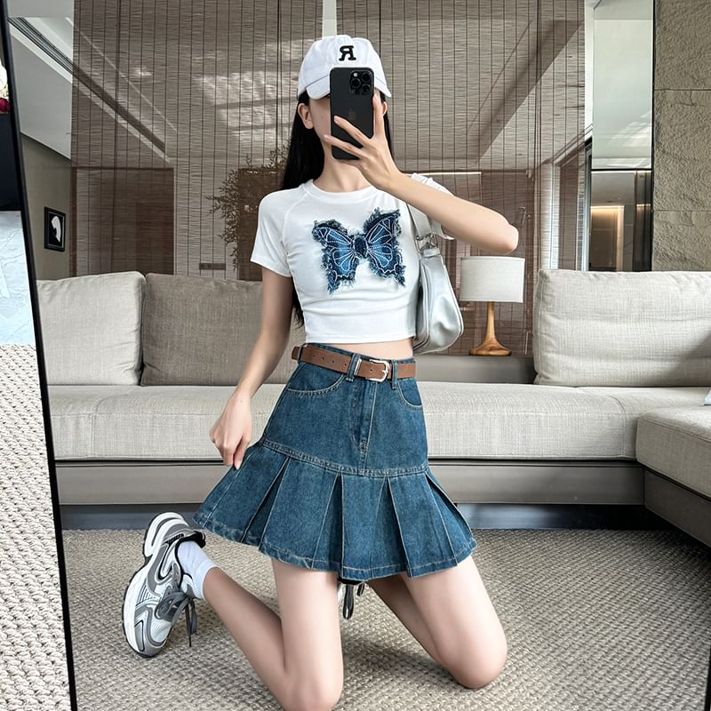 Pleated Mini Denim High Rise A-Line Skirt