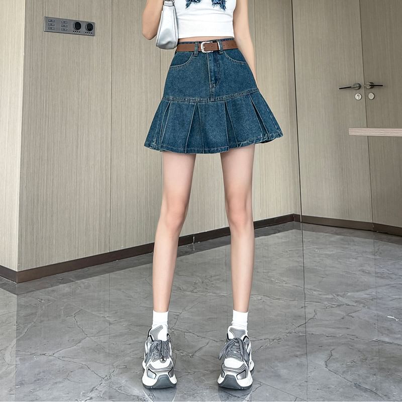 Pleated Mini Denim High Rise A-Line Skirt