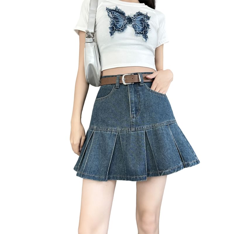 Pleated Mini Denim High Rise A-Line Skirt