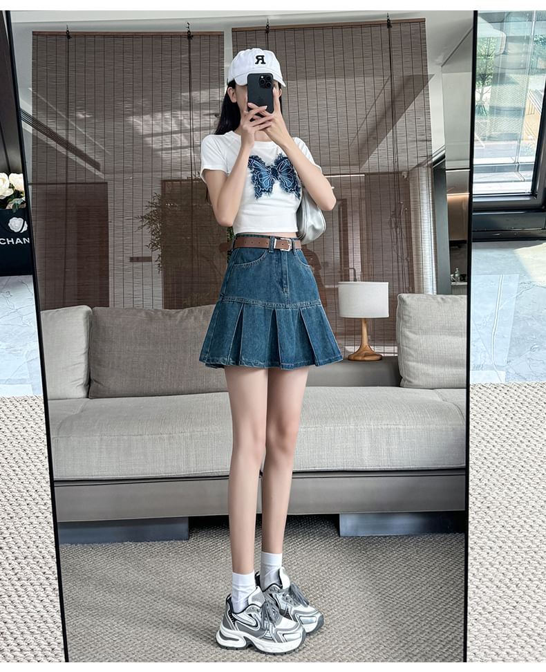 Pleated Mini Denim High Rise A-Line Skirt