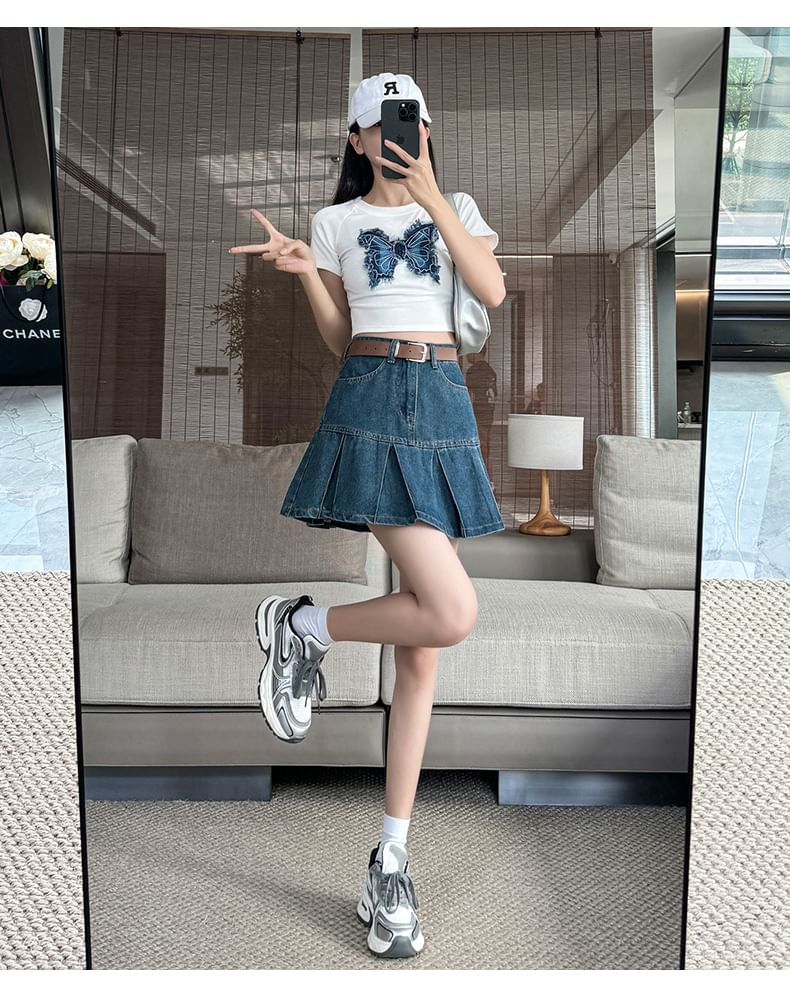 Pleated Mini Denim High Rise A-Line Skirt