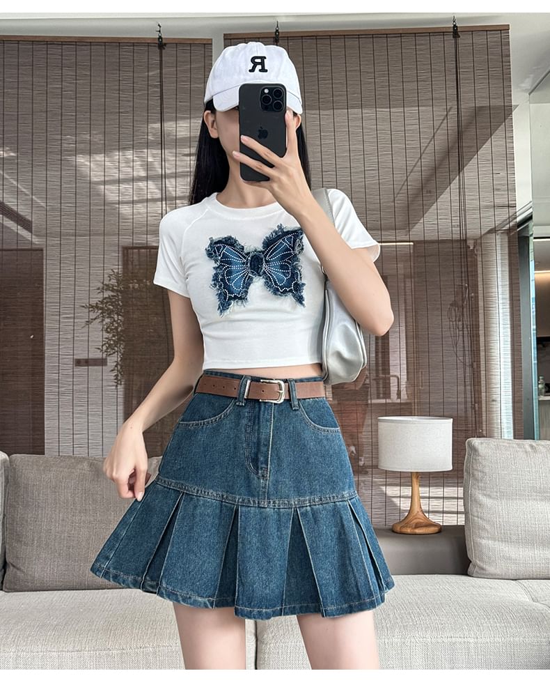 Pleated Mini Denim High Rise A-Line Skirt