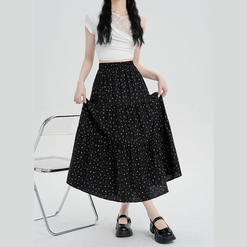 Waist Tiered A-Line Floral Midi Skirt Elastic