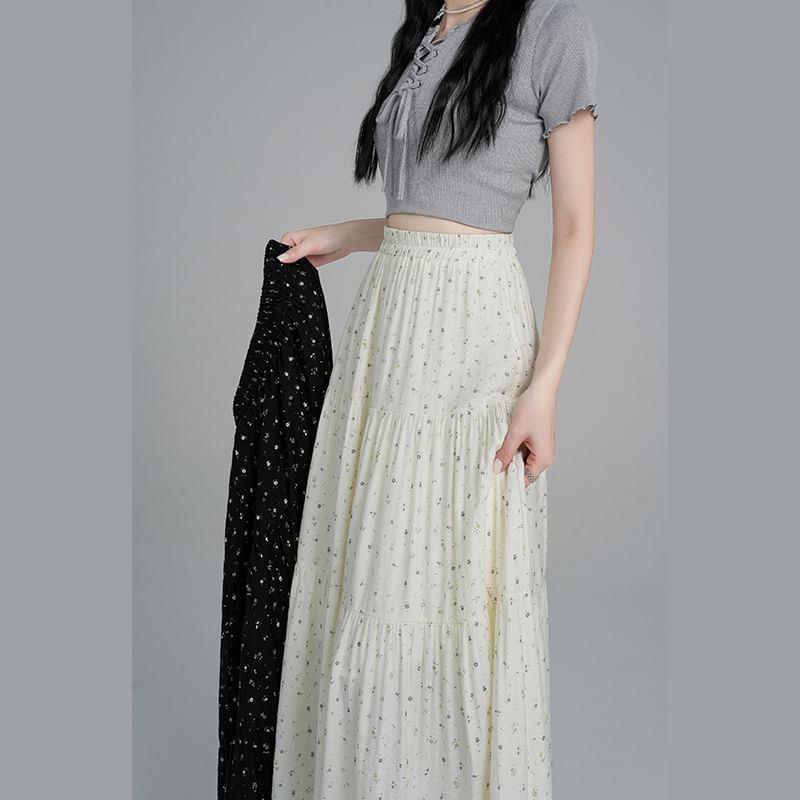 Waist Tiered A-Line Floral Midi Skirt Elastic