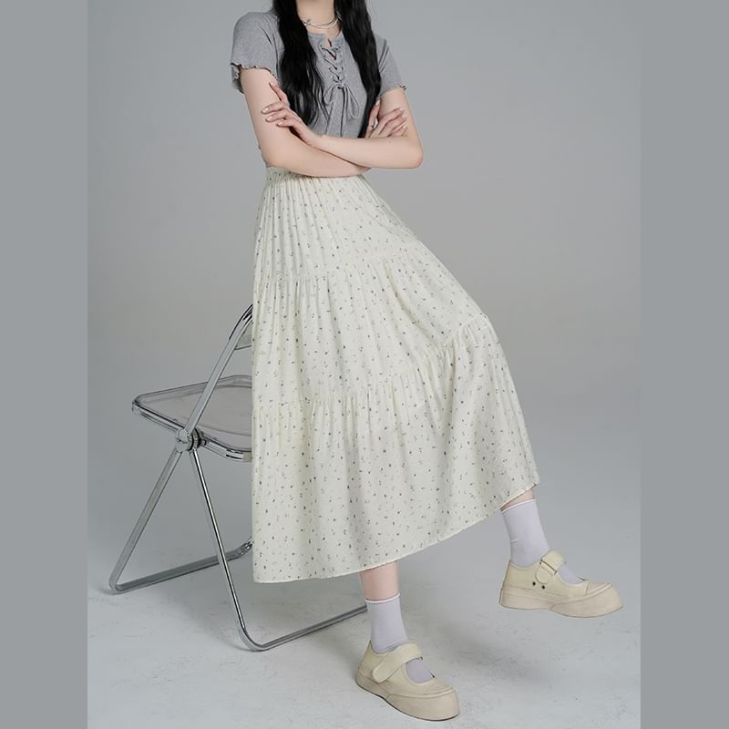Waist Tiered A-Line Floral Midi Skirt Elastic