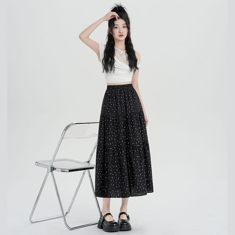 Waist Tiered A-Line Floral Midi Skirt Elastic