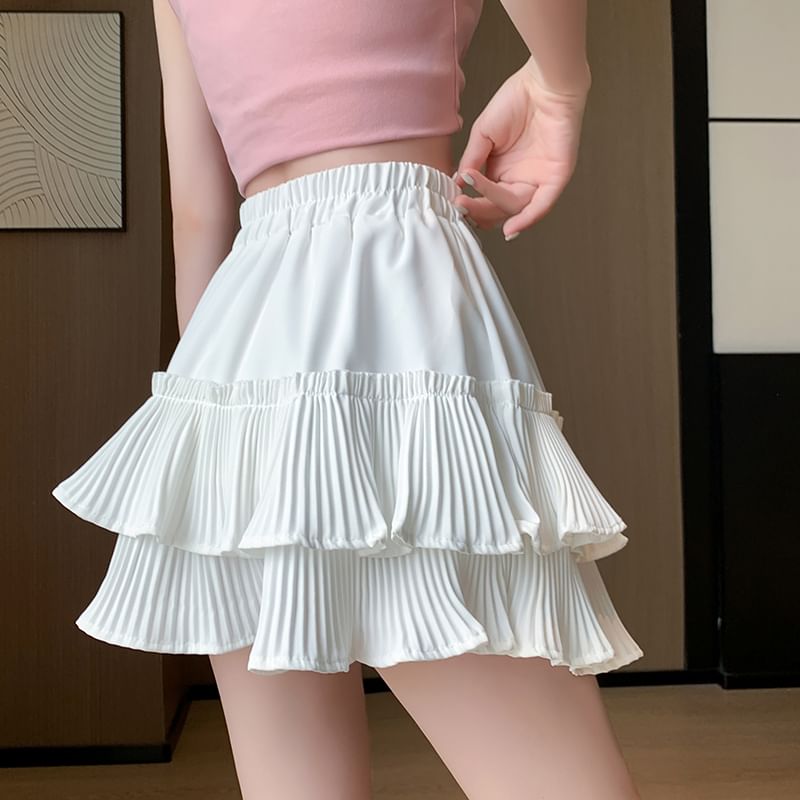 Elastic Mini Accordion A-Line Plain Tiered Waist Skirt Pleated