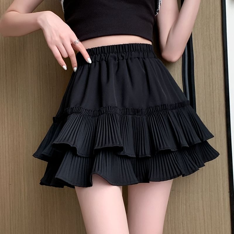 Elastic Mini Accordion A-Line Plain Tiered Waist Skirt Pleated