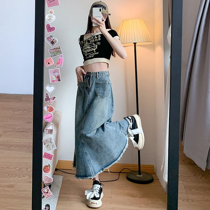 Waist Fringed Skirt Denim Midi A-Line High