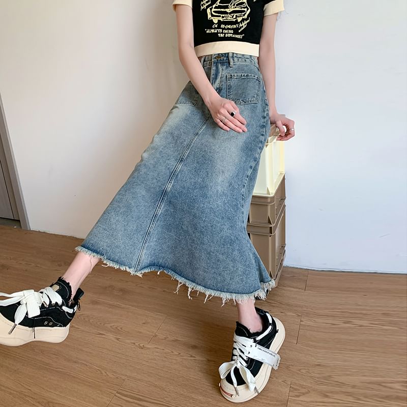 Waist Fringed Skirt Denim Midi A-Line High