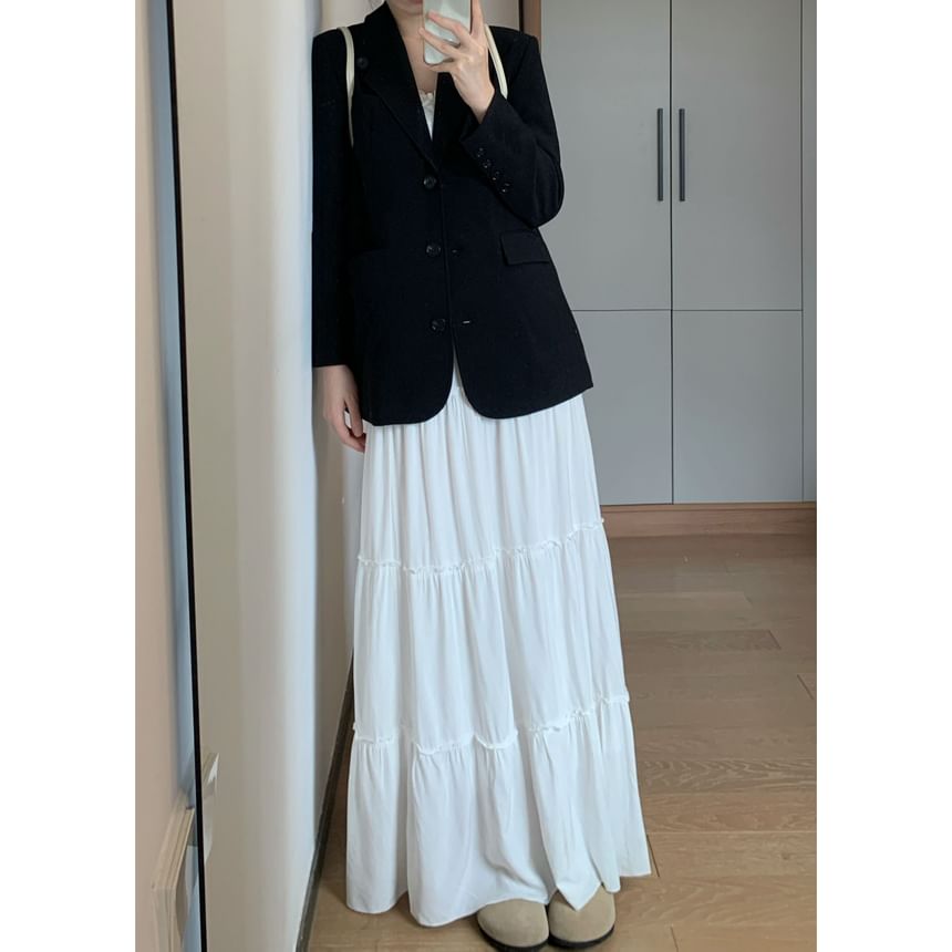 Skirt Elastic Plain A-Line Waist Maxi Tiered