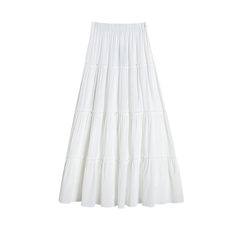 Skirt Elastic Plain A-Line Waist Maxi Tiered