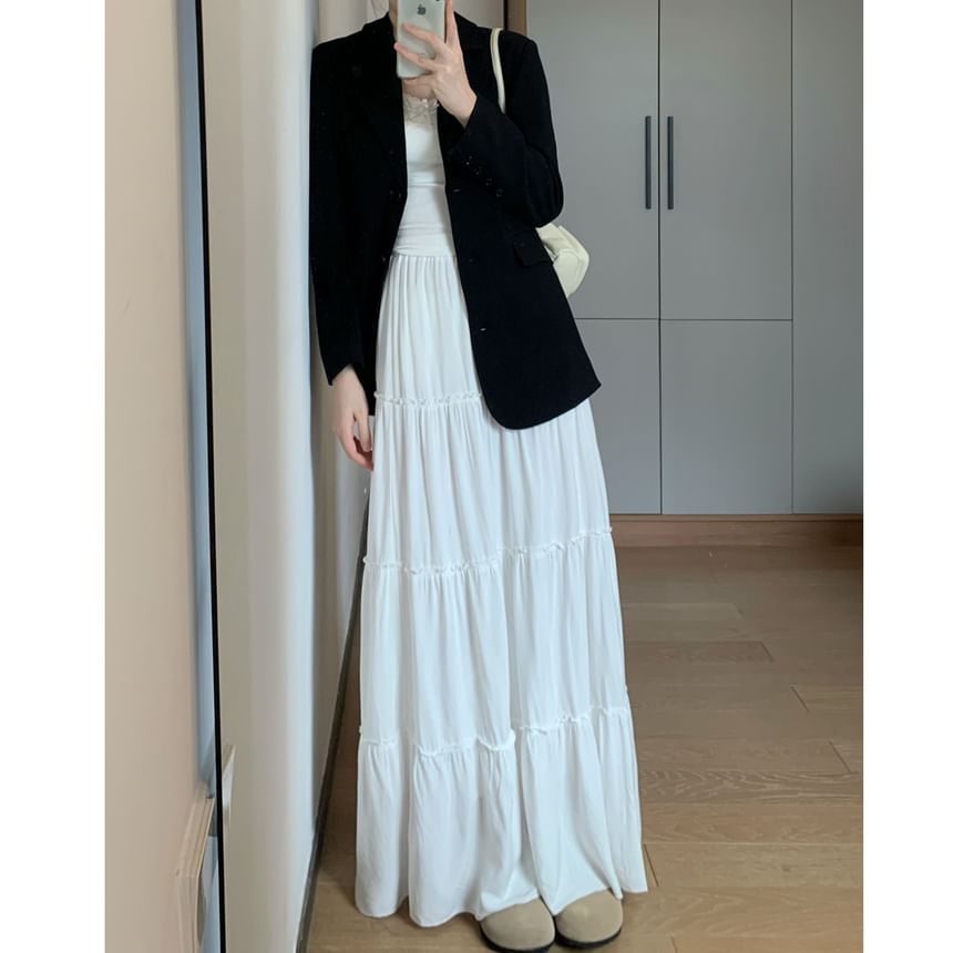 Skirt Elastic Plain A-Line Waist Maxi Tiered