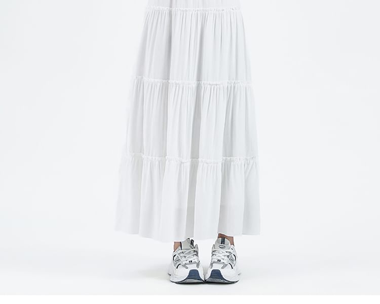 Skirt Elastic Plain A-Line Waist Maxi Tiered