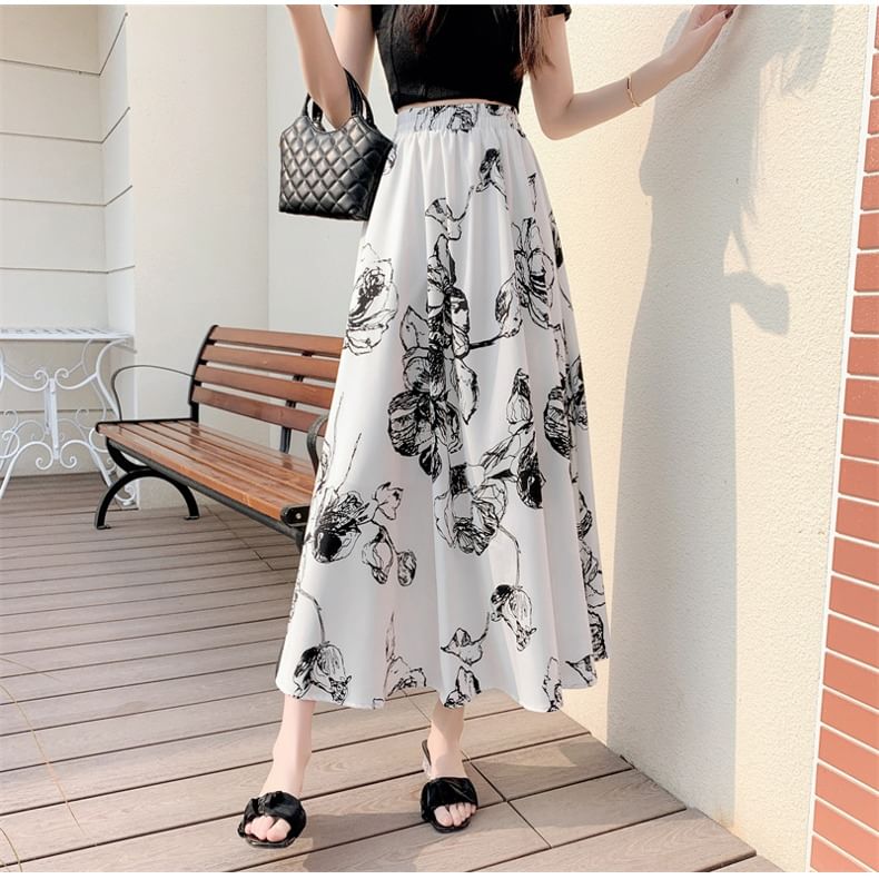 Midi Elastic Skirt Floral Waist A-Line