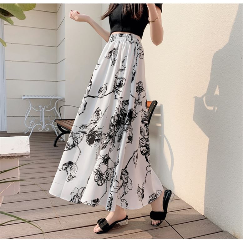 Midi Elastic Skirt Floral Waist A-Line