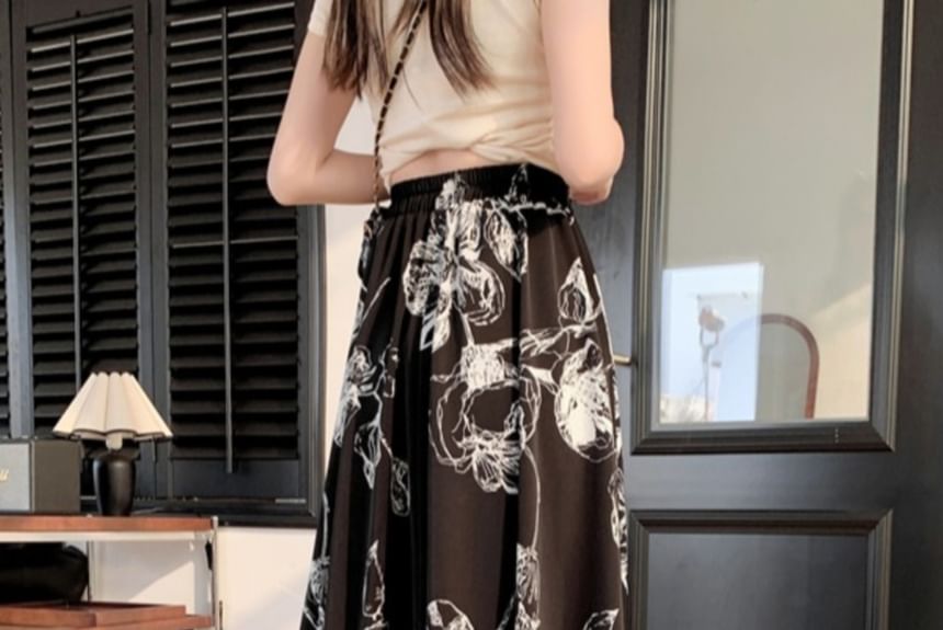 Midi Elastic Skirt Floral Waist A-Line