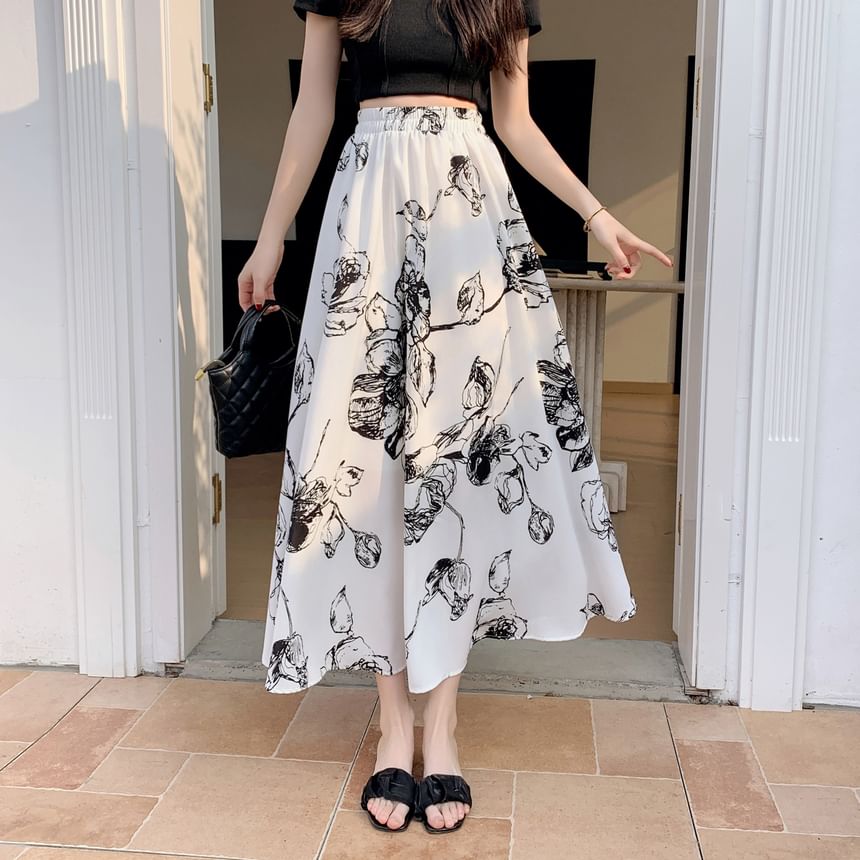 Midi Elastic Skirt Floral Waist A-Line