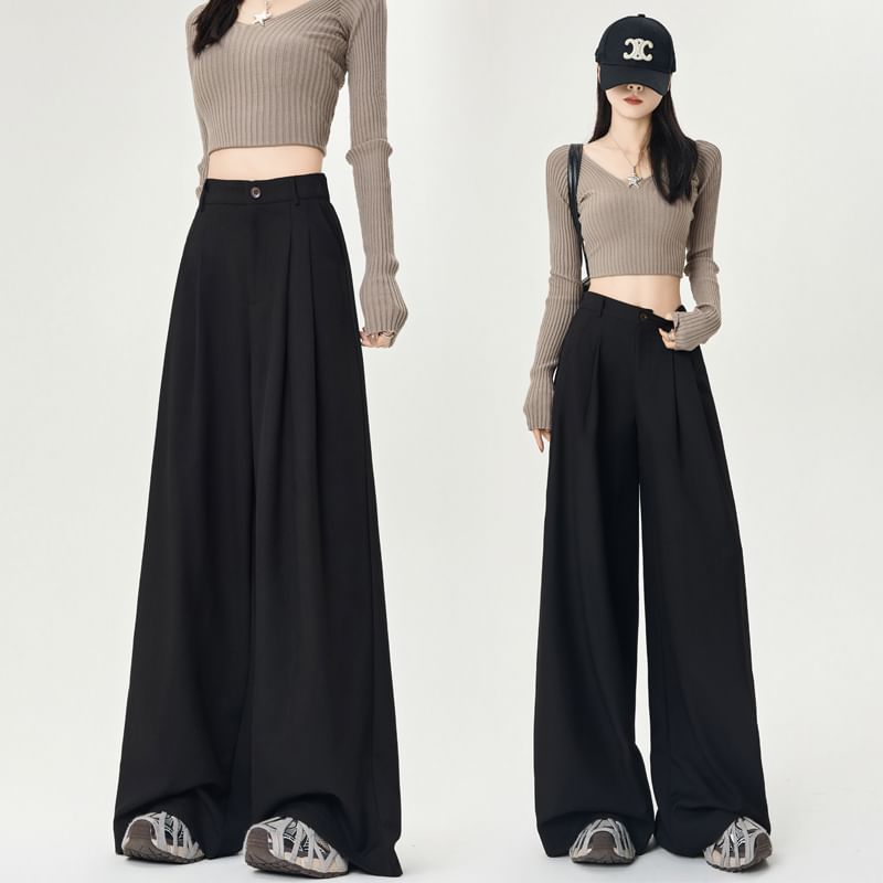 Wide Pants Rise Plain Dress Leg High