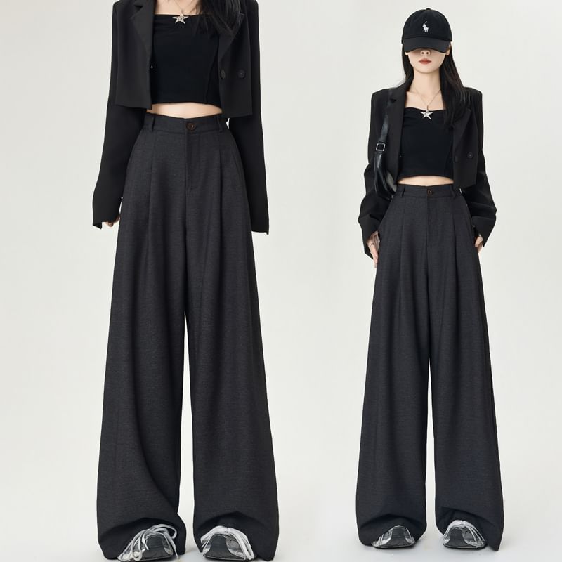 Wide Pants Rise Plain Dress Leg High
