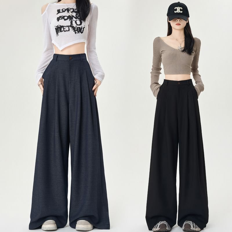 Wide Pants Rise Plain Dress Leg High