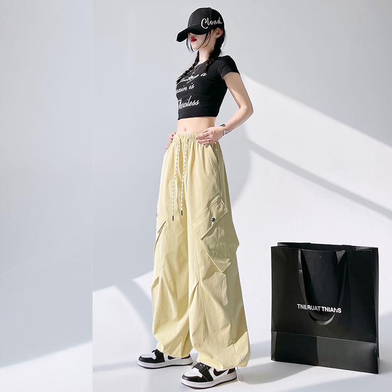 Drawstring Wide Leg Waist Plain Cargo Pants