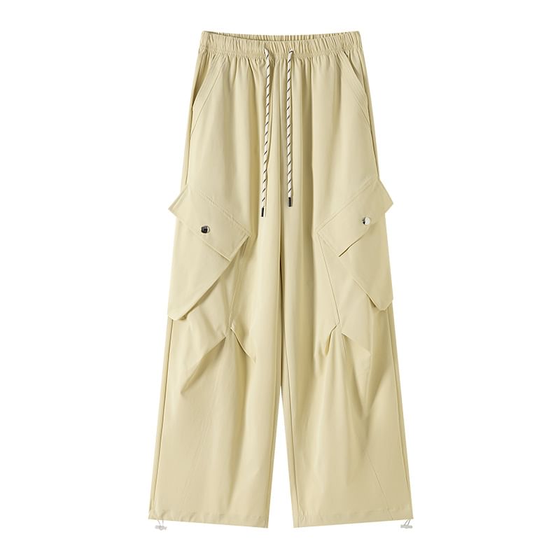 Drawstring Wide Leg Waist Plain Cargo Pants