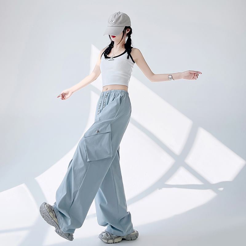 Drawstring Wide Leg Waist Plain Cargo Pants