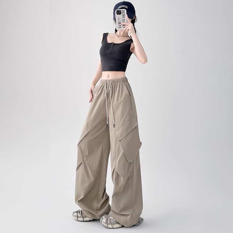 Drawstring Wide Leg Waist Plain Cargo Pants