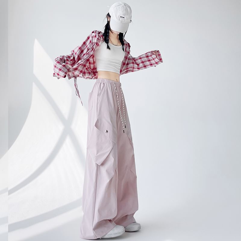Drawstring Wide Leg Waist Plain Cargo Pants