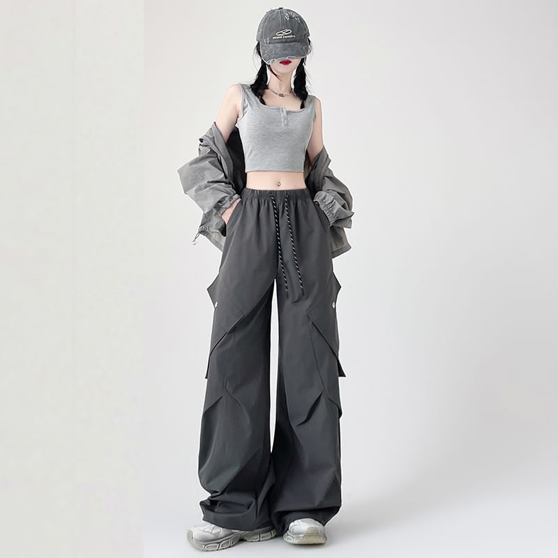 Drawstring Wide Leg Waist Plain Cargo Pants