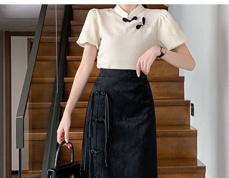 Floral High Skirt Waist Jacquard Slit A-Line Frog Midi Button