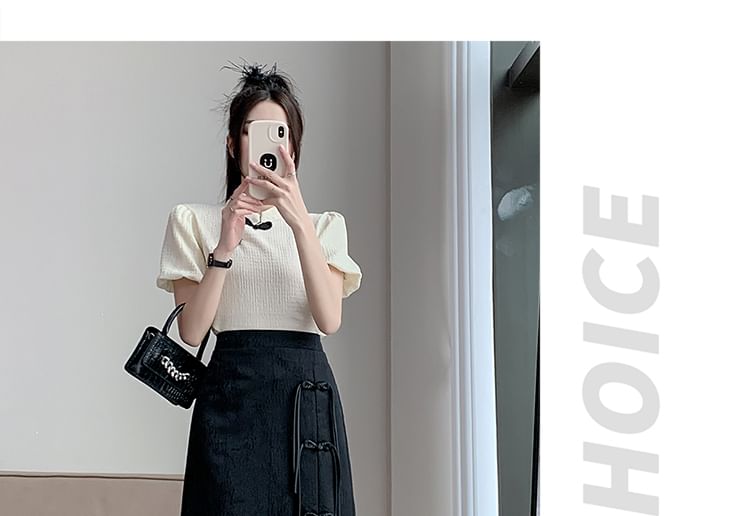 Floral High Skirt Waist Jacquard Slit A-Line Frog Midi Button