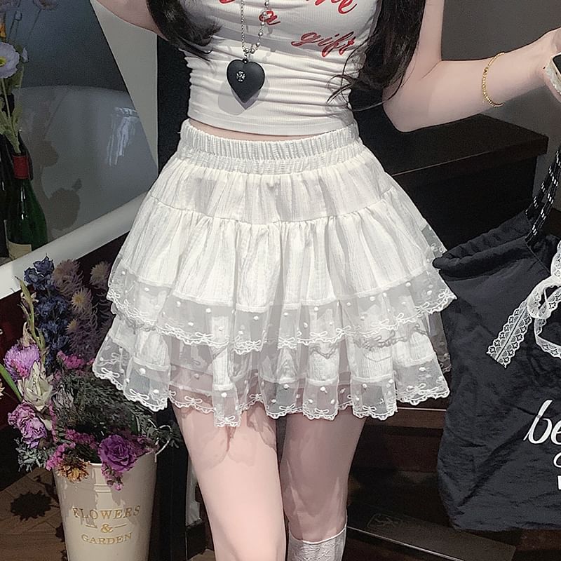 Skirt Elastic A-Line Mini Tiered Trim Waist Plain Lace