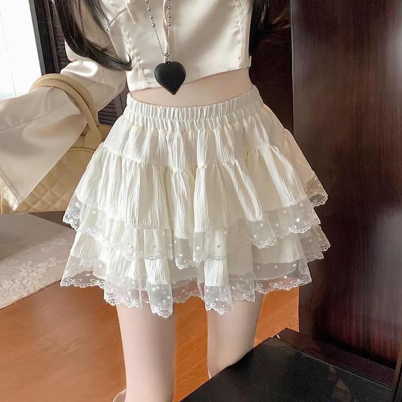 Skirt Elastic A-Line Mini Tiered Trim Waist Plain Lace