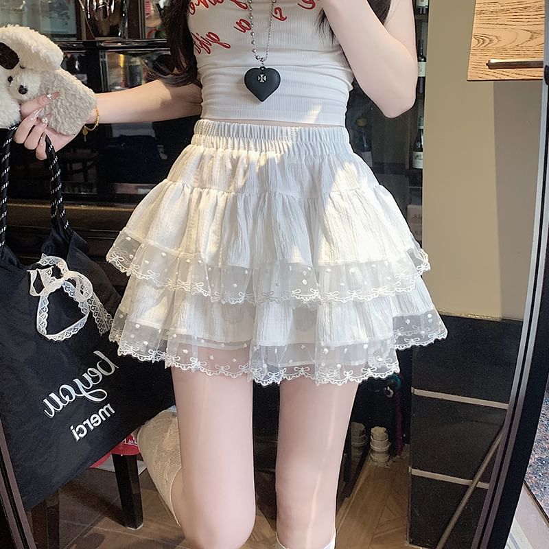 Skirt Elastic A-Line Mini Tiered Trim Waist Plain Lace