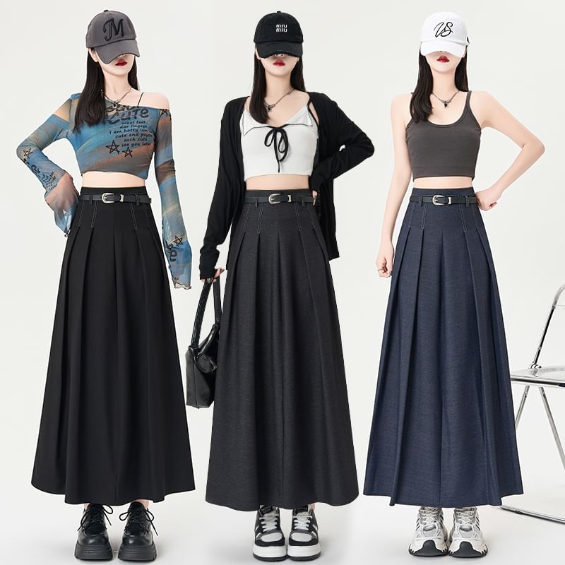 Waist Skirt Denim Midi A-Line High Pleated