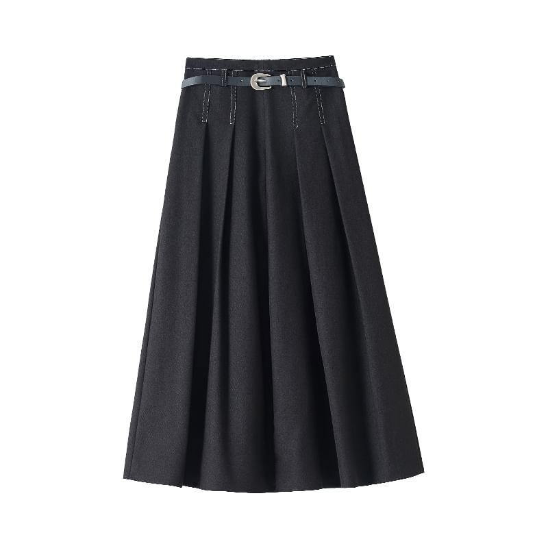 Waist Skirt Denim Midi A-Line High Pleated
