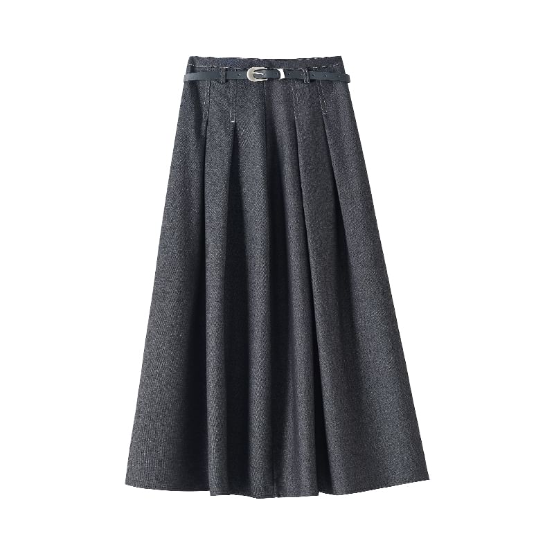 Waist Skirt Denim Midi A-Line High Pleated