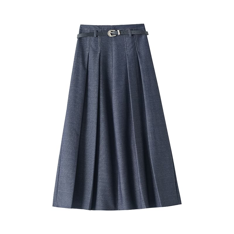Waist Skirt Denim Midi A-Line High Pleated