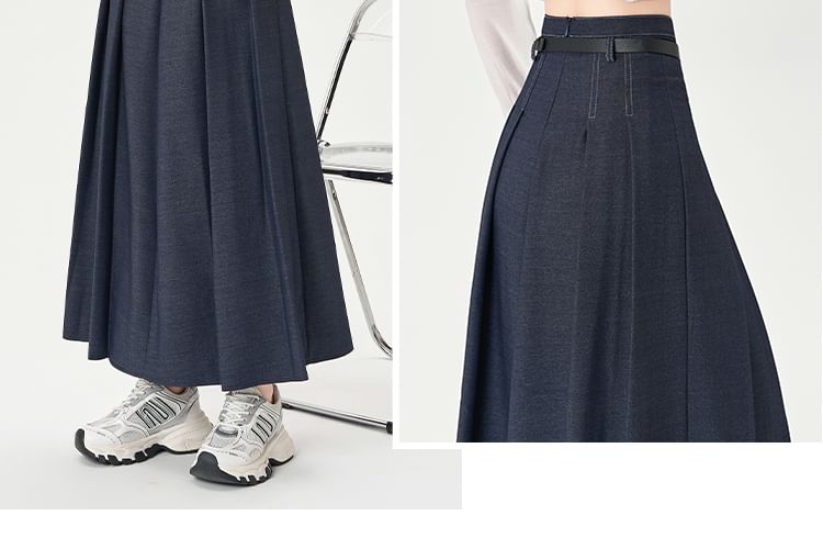 Waist Skirt Denim Midi A-Line High Pleated