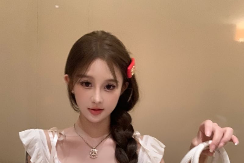 Tee / Cap-Sleeve Plain Cropped Neck Lace Trim Top V-Neck Scoop Cami Ruffle