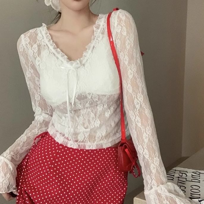 V-Neck Long Sleeve Floral Crop Top Lace See-Through