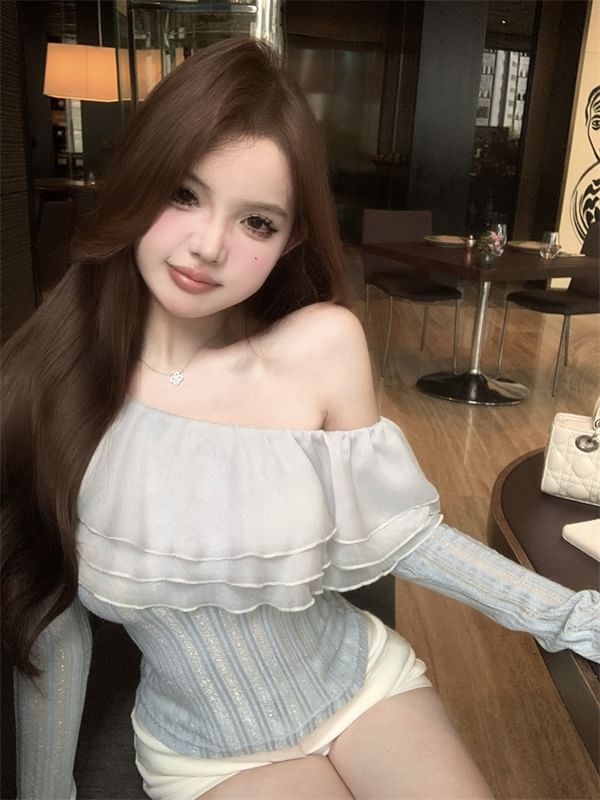 Plain Trim Crop Glitter Top One Long-Sleeve Shoulder Ruffle