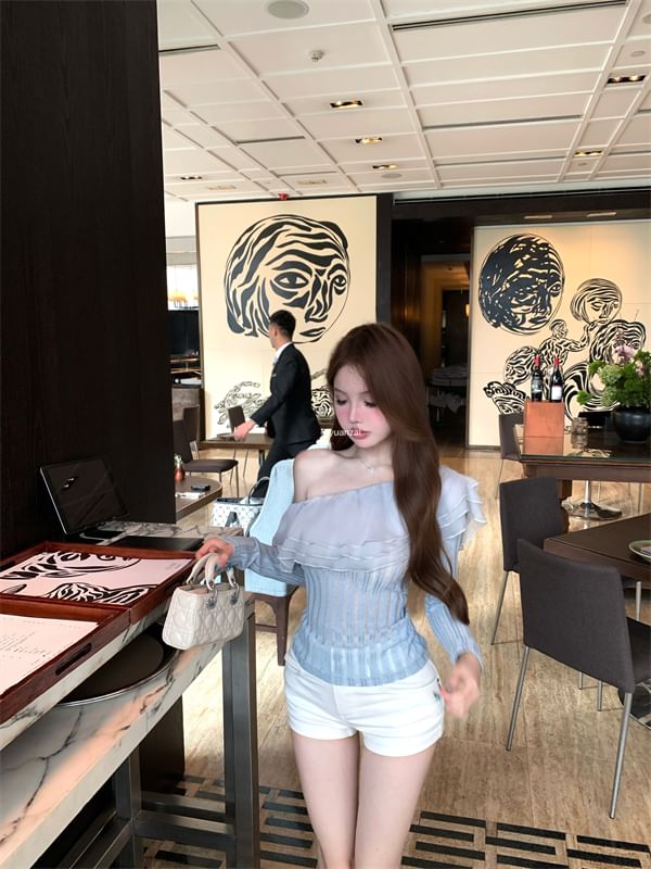 Plain Trim Crop Glitter Top One Long-Sleeve Shoulder Ruffle