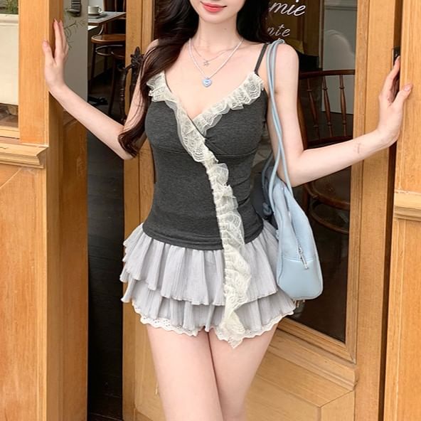 Ruffle Panel Camisole V-Neck Top