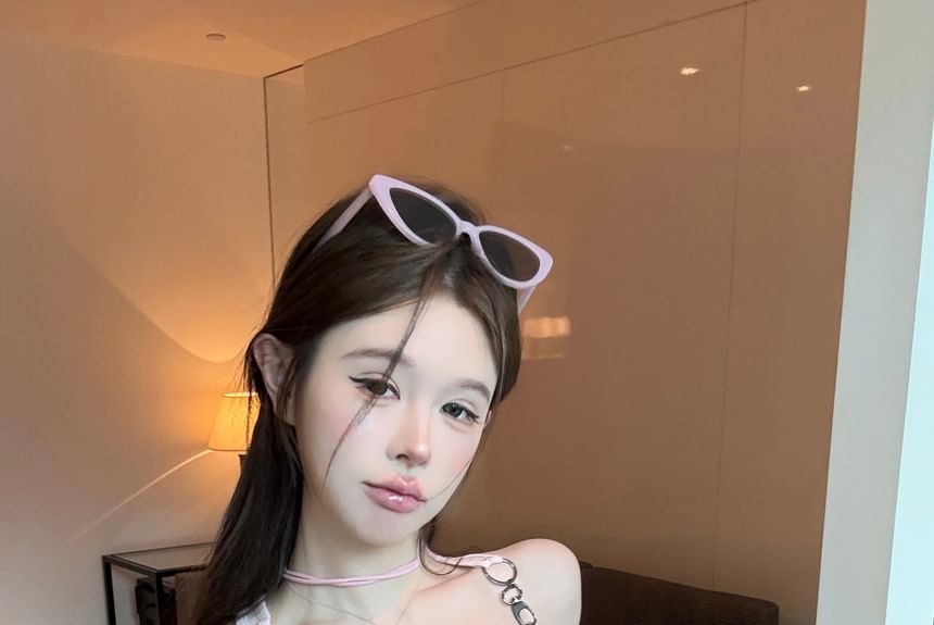 Top Neck Buckle Patterned Square Tank Print